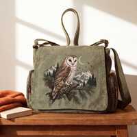 Barn Owl Canvas Messenger Bag, Pine Mountain Moon Crossbody Satchel, Bird Lover Gift, Woodland Natur