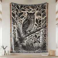 Owl Woven Blanket, Linocut Owl Tapestry, Black and White Throw Blanket, Woodland Wall Art, Nature Lo