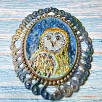 Tiny original owl painting in distressed blue gold metal frame, miniature watercolour art, small gif