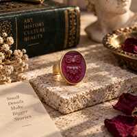 Owl Intaglio Ring, Red Glass 925 Sterling Silver Ancient Greek Signet Ring