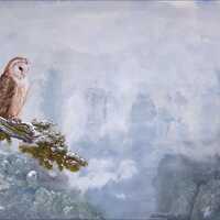 Owl overlooking misty floating mountains landscape - 20x24 original painting