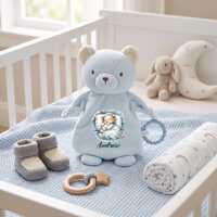 Personalized Baby Lovey with Name, Sleeping Woodland Animal Blanket, Custom Newborn Gift, Blue Bear 