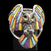 Sterling Silver Owl Inlay Ring, Multicolor Turquoise & Spiny Oyster, Sz 6