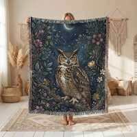 Owl Woven Blanket, Celestial Owl Throw Blanket, Moon and Stars Decor, Woodland Night Blanket, Cottag