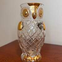 Vintage Famosa LPW Austrian Crystal Owl Pitcher Vase | Mid Century Gold Trim Figural Owl Decor Neima