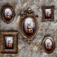 Owl On Pumpkin Painting Jack O Lantern In Ornate Vintage Frame Small Folk Art Illustration Rustic Ha