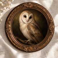 Original Barn Owl Oil Painting in Ornate Vintage Gold Frame, Dark Academia Wall Decor