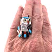 Vintage Zuni Eva Etsate Mosaic Inlay Owl Sterling Silver Ring