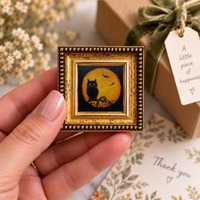 Halloween Owl Mini Oil Painting 2x2 in, Tiny Framed Halloween Decor, Original Miniature Art, Small F
