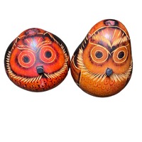 Vintage Peruvian Hand Carved Gourd Owl Figures Pair &ndash; Folk Art Decor