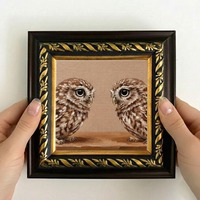 Two Owl Oil Painting Framed Canvas Art, Mini Bird Artwork