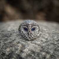 Sterling Silver Barn Owl Ring, Blue Gemstone Eye Statement Ring, Detailed Feather Carved Jewelry, An