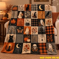 Vintage Halloween Patchwork Blanket, Ghost and Black Cat Throw, Pumpkin Witch Owl Print, Cozy Fall S