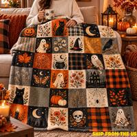 Vintage Halloween Patchwork Blanket, Ghost and Black Cat Throw, Pumpkin Witch Owl Print, Cozy Fall S