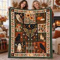 Personalized Halloween Blanket,Custom Name Folk Art Moth Owl Throw,Cozy Autumn Decor,Spooky Gift for
