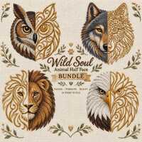 Wild Animal Half Face Embroidery Bundle Owl Wolf Lion Eagle Machine Design