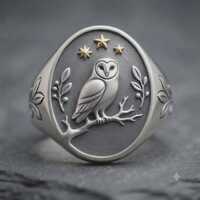 Sterling Silver Owl Signet Ring, Mixed Metal Celestial Jewelry, Barn Owl on Branch, Nature Inspired 