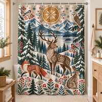 Winter Woodland Shower Curtain, Scandinavian Deer Fox Owl Folk Art Decor