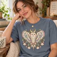 Celestial Barn Owl T-Shirt, Boho Moon Star Botanical Shirt, Comfort Colors Cream Graphic Tee, Cottag