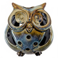 Vintage Glazed Ceramic Owl Candle Holder Luminary Blue Brown Pottery Decor