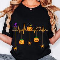 Halloween Heartbeat EKG PNG, Pumpkin Witch Owl Sublimation Design, Spooky Spiders Hanging Graphic, N