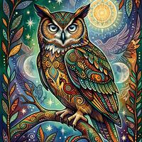 Mystical Owl Folk Art Print, Celestial Boho Nature Decor (Digital Download)