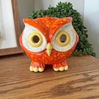 Vintage MCM Ceramic Owl Figurine, Tea Candle Holder, Orange and Yellow Glaze, 19