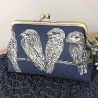 Tawny Frogmouth Owl Clutch Purse, Brass Frame, Strap Options
