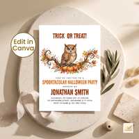 Editable Owl Halloween Party Invitation Template | Rustic Autumn Pumpkin Dinner Celebration Card Inv