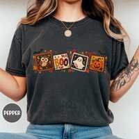 Vintage Halloween Faux Patchwork Shirt, Owl Ghost Pumpkin Boo Tee, Comfort Colors® Fall T-Shirt