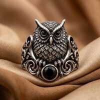 Owl Ring, Black Onyx Ring, 925 Sterling Silver, 14K Gold Plated, Vintage Gothic Ring, Mens Statement
