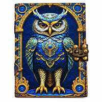 Handmade Leather Owl Journal, Blue Gold Vintage Diary, Metal Lock Notebook