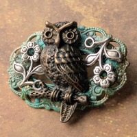 Owl Brooch Patina Brass, Hand Painted Green Verdigris Pin, Silver Flower Woodland Jewelry, Regal Lap