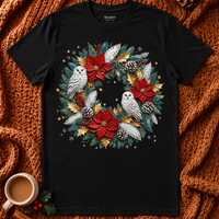 Snowy Owl Christmas Shirt, Winter Wreath Tee, Poinsettia Holiday T-Shirt, Festive Wildlife Gift, Uni