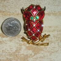 Signed Boucher Red Orange Enamel Owl Brooch With Rhinestone Accents. Too Cute. 1960's Jewelry 60