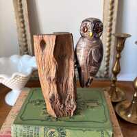 Hand Carved Wooden Owl on Tree Stump Folk Art Sculpture