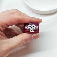 Handwoven Miyuki Seed Bead Hedwig Owl Ring, Burgundy White, Wide Band (11mm)