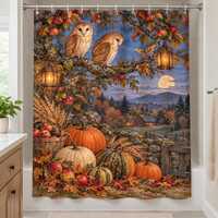 Autumn Owl Shower Curtain, Moonlit Apple Harvest Farm Decor