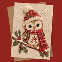 Stitchy Owl | Whimsical Christmas Greeting Card, Sewn Look Textile Collage Blank 5x7 Holiday Station