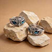 Silver stainless steel blue-eyed owl eye-catching ring, vintage bird animal forest nature style jewe