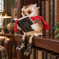 Reading Owl Shelf Sitter Figurine, Book Lover Bookshelf Decor with Dangling Legs