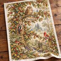 Funny Owl Cotton Twill Tea Towel with Hooters Sign | Feathered Frenzy Bird Kitchen Decor