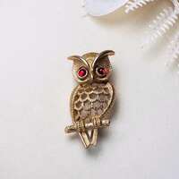 Vintage Avon Owl Brooch, 1970s Gold Open Work Pin with Red Crystal Eyes