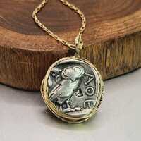 Solid Gold Ancient Greek Coin Necklace: Athena Owl Silver Tetradrachm Pendant