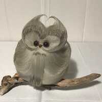 Vintage MCM/Retro Wooly Gray & White Owl Figure on Driftwood Branch/Signed Vikki