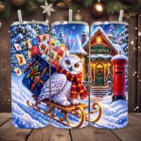 Christmas Owl Tumbler Wrap PNG 20oz Skinny, North Pole Post Office Owl Sublimation Design, Santa Mai