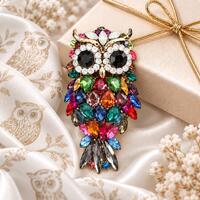 Multicolor Crystal Owl Brooch, Rhinestone Bird Pin, Colorful Animal Jewelry