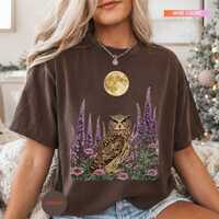 Owl Graphic Tee – Magical Forest Shirt with Moon Phase and Floral Garden on Espresso Comfort C