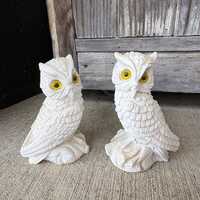 Vintage Antique White Alabaster Set of 2 Owl Figurines