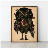 Gothic Owl Framed Poster, Witchy Halloween Wall Art, Moonlit Cottage Illustration (Framed Print)